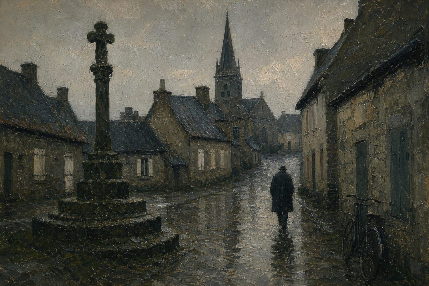 Un bourg breton au début des années 1960, rue mouillée et maisons de granit