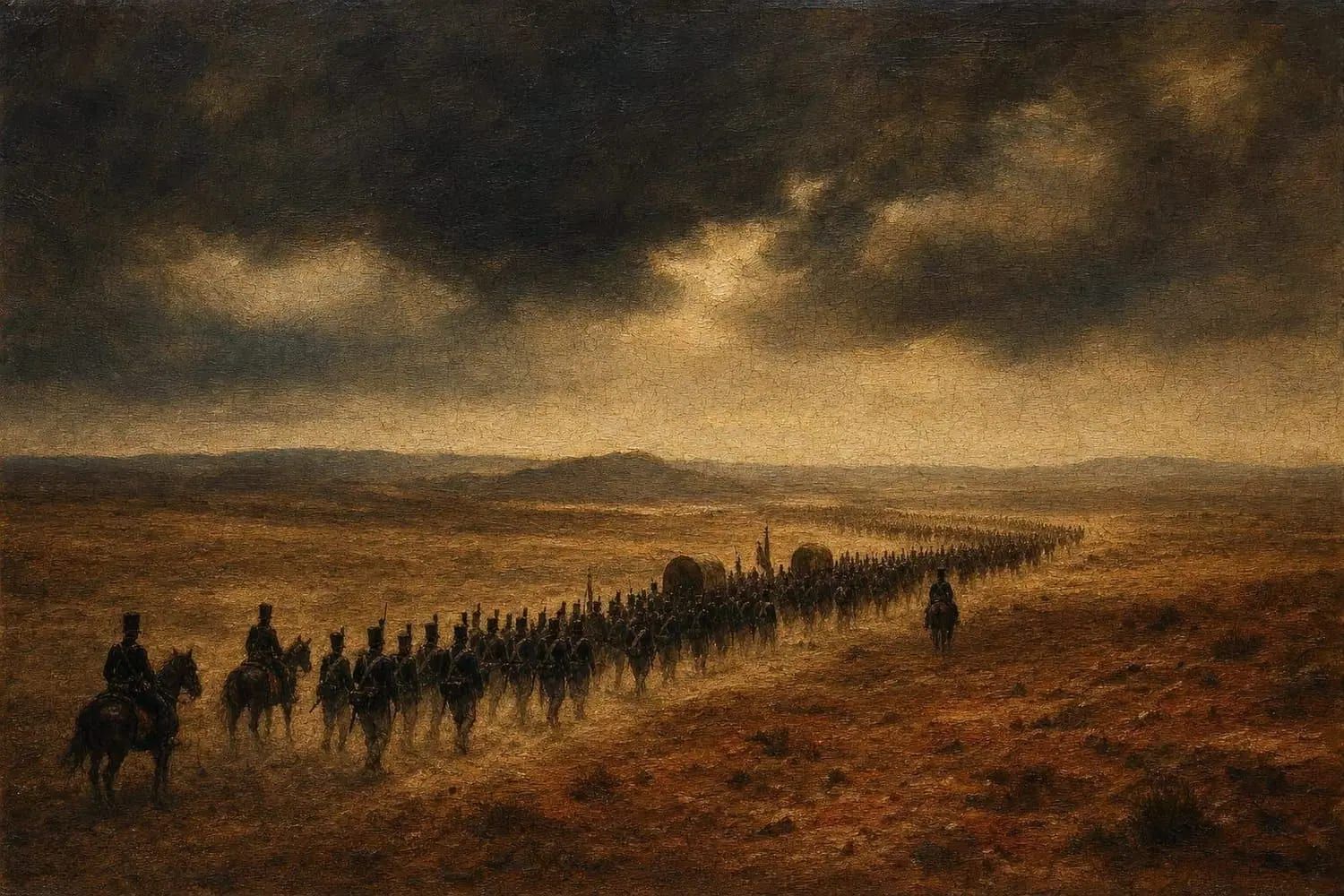Une colonne de l’armée impériale traverse une plaine castillane brûlée, vue de loin