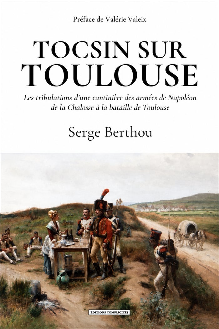 Couverture du roman « Tocsin sur Toulouse » de Serge Berthou, Éditions Complicités : une cantinière servant à boire à des soldats de l’Empire au bord d’une route de campagne