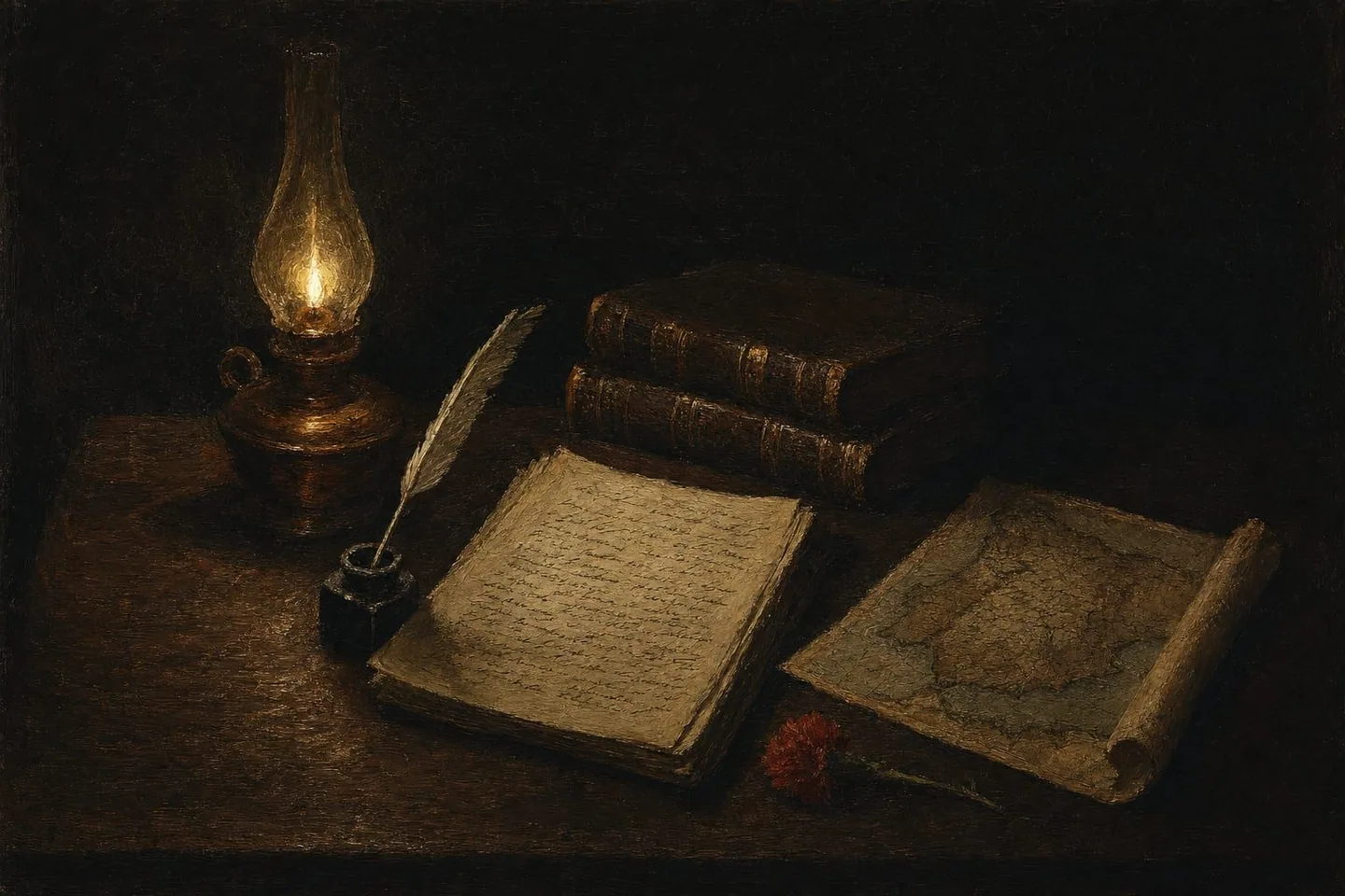 Un bureau d’écrivain éclairé à la lampe : manuscrit, plume, carte d’Espagne dépliée et un œillet rouge posé sur le bois