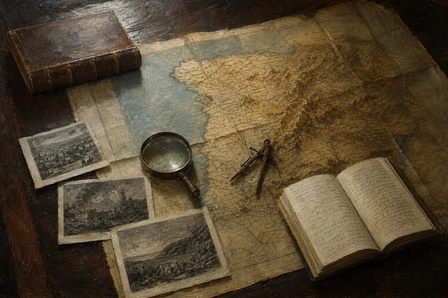 Une table de travail d’historien : carte d’état-major dépliée, loupe, compas, gravures anciennes et carnet de notes